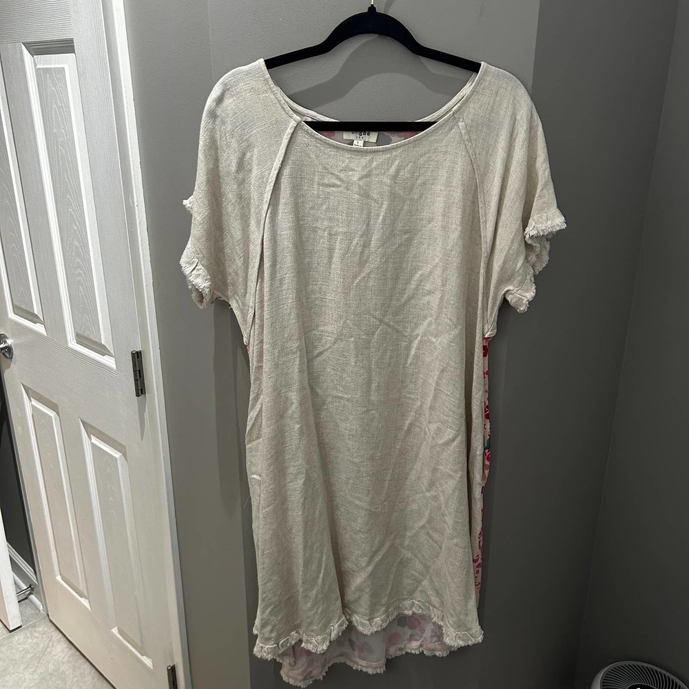 Umgee Two Toned Cream & Printed Short Sleeve Linen Dress-Lg